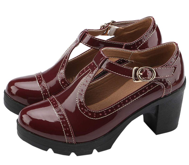 DADAWEN Women's Classic T-Strap Platform Mid-Heel Square Toe Oxfords Dress Shoes Wine Red US Size 10 - Image 1